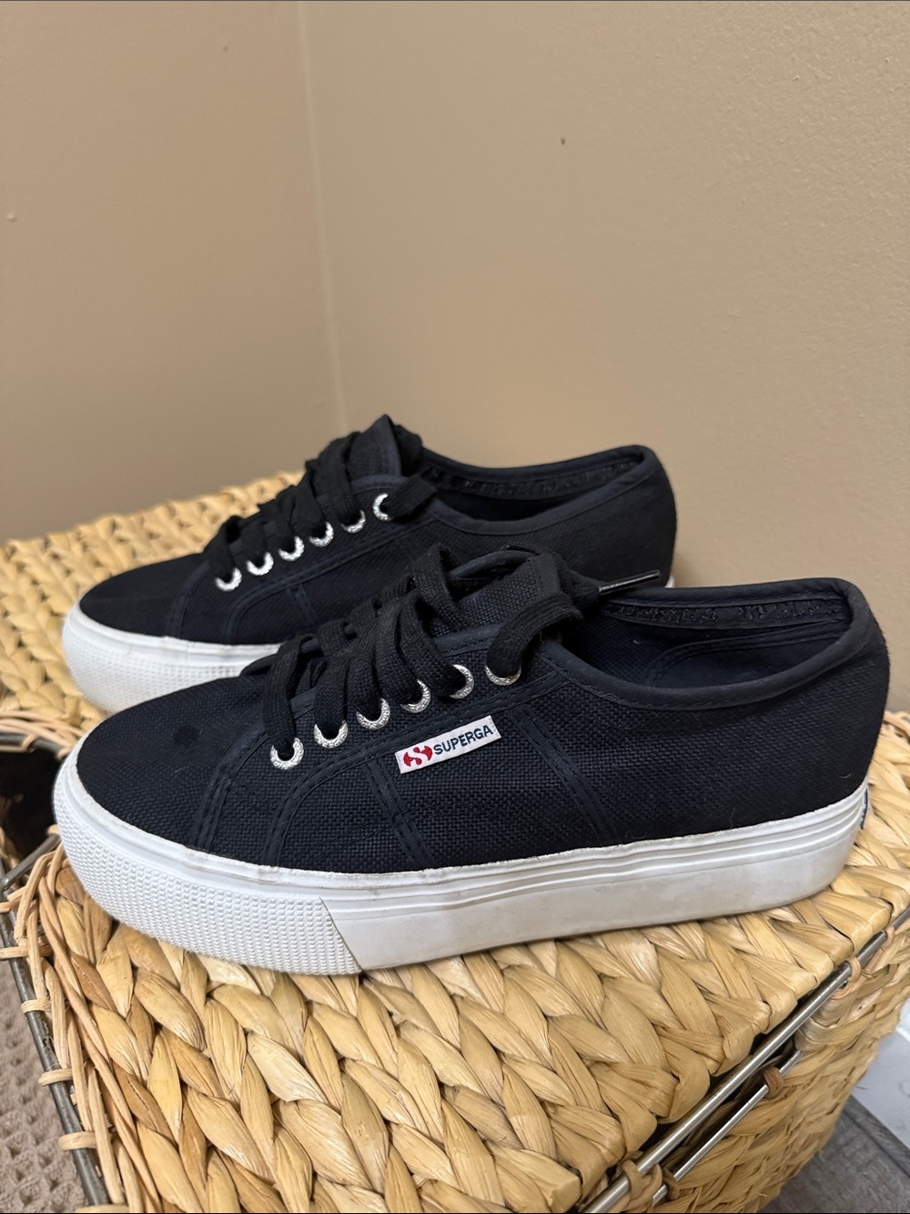 Superga Black Canvas Platform Lace-Up Sneakers with White Sole